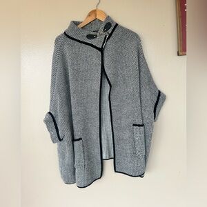 Rachel Zoe Black/White Poncho-Patch Pocket-Unique Buckle Neck-Black Edging